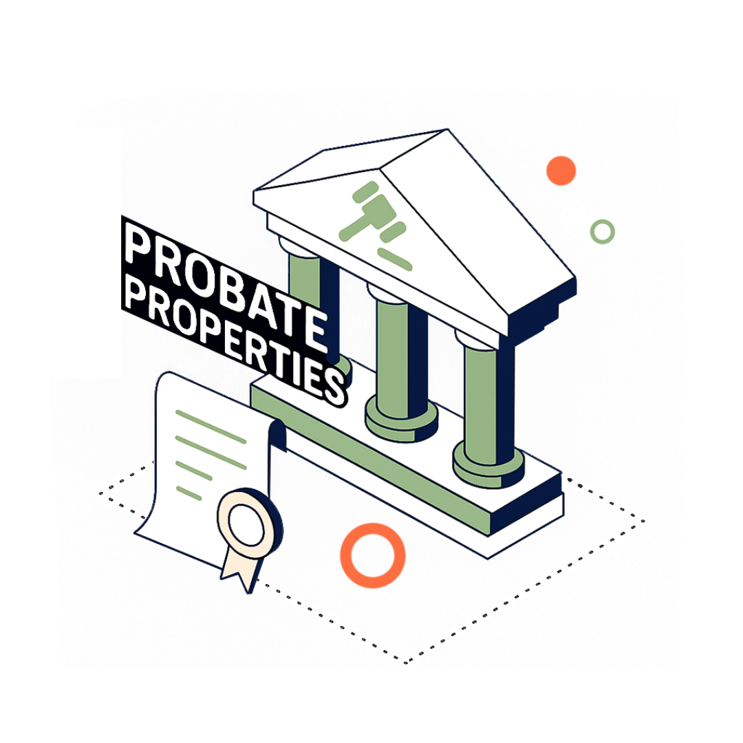 Illustration of a courthouse and property documents